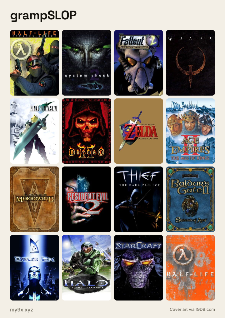 grampSLOP meme grid: Counter-Strike, System Shock 2, Fallout 2, Quake, Final Fantasy VII, Diablo II and more